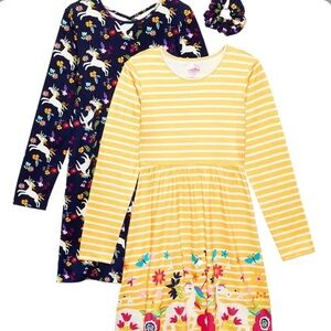 Freestyle 2pk Striped and Unicorn Print Dresses w/ matching Scrunchie Sz 10 NWT